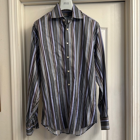 Thomas Dean button down.  EUC, large. Vertical stripes - purple and gray. - Picture 1 of 4